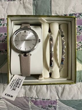 kate spade Silver Dial Watch with Blush Pink Leather Strap & Silver Bracelets